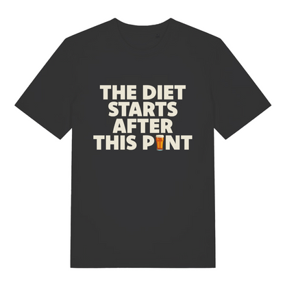 black funny slogan t-shirt with the text 'the diet starts after this pint'