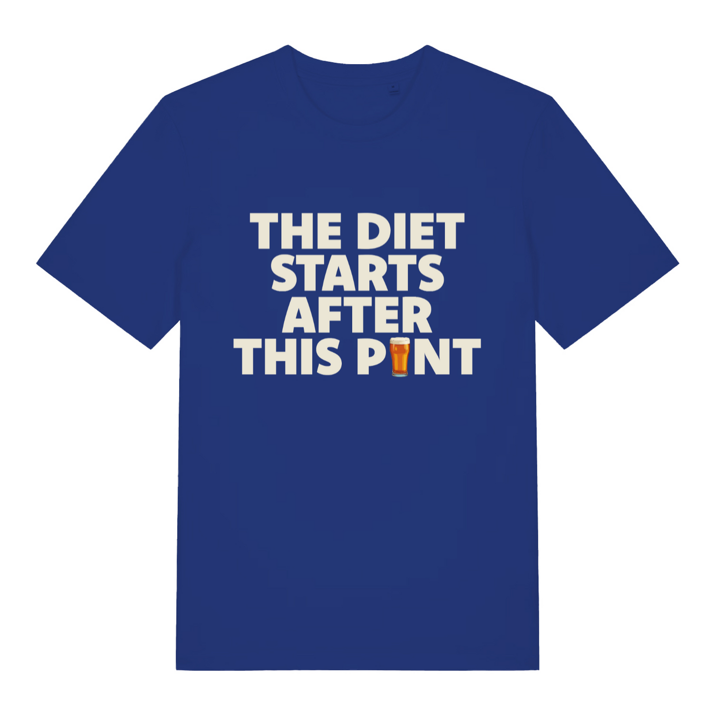 blue funny slogan t-shirt with the text 'the diet starts after this pint'