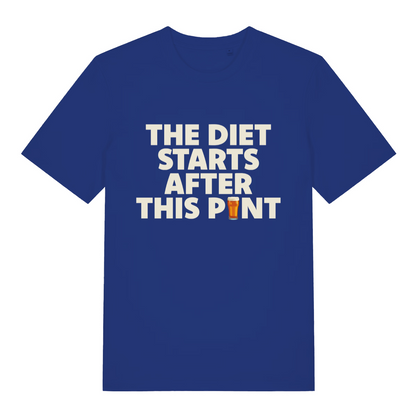 blue funny slogan t-shirt with the text 'the diet starts after this pint'