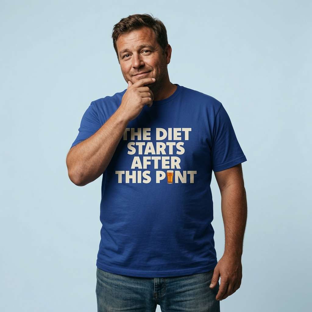 Man in blue The Diet Starts After This Pint t-shirt, mens funny pub banter beer slogan