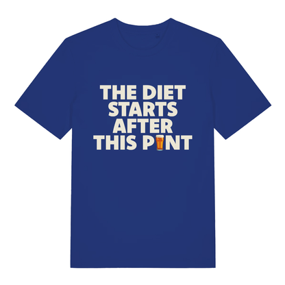 Blue Diet Starts After This Pint T-shirt flat lay featuring relatable "diet after this pint" text