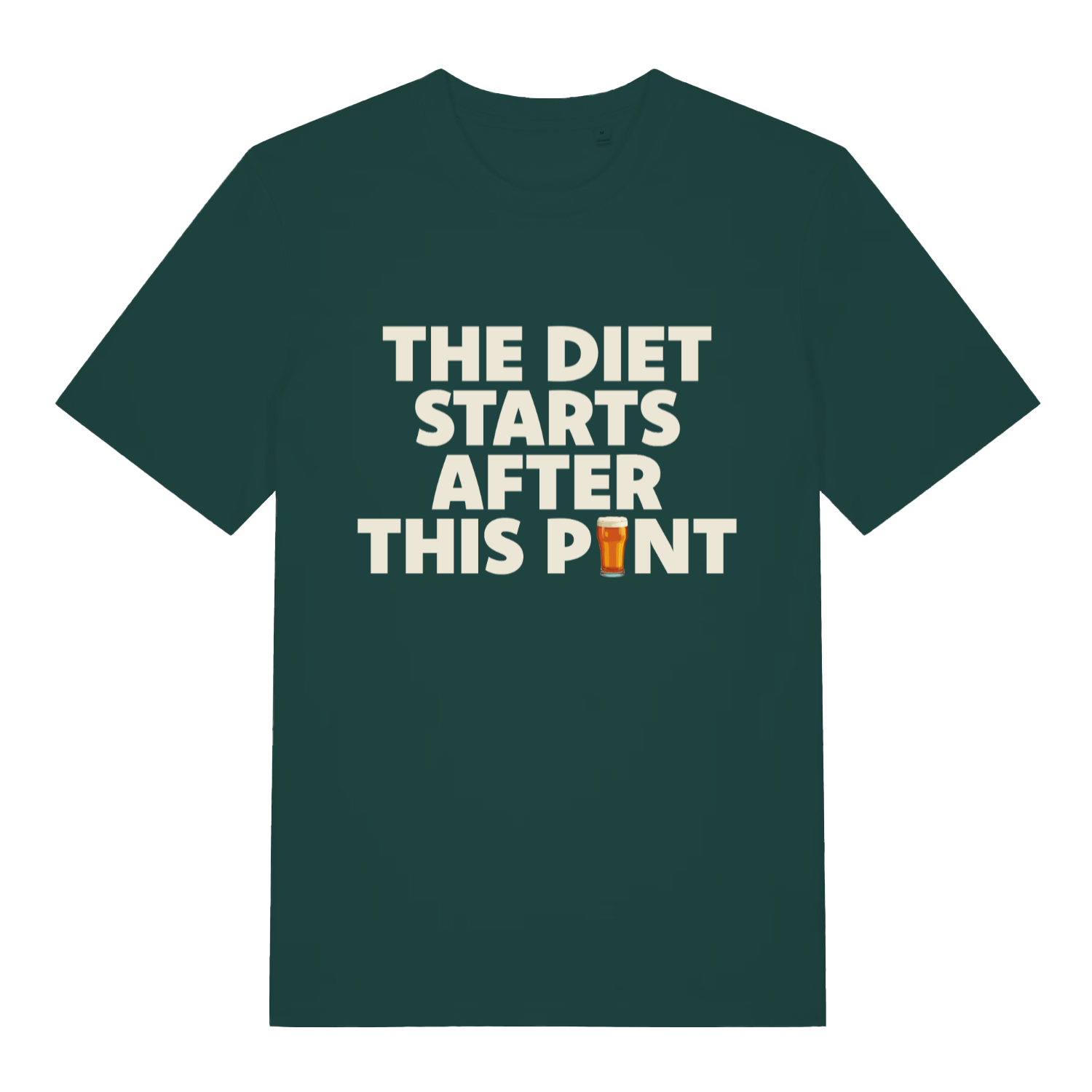 green funny slogan t-shirt with the text 'the diet starts after this pint'