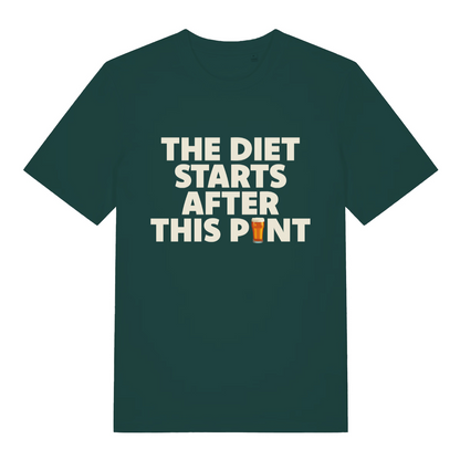 green funny slogan t-shirt with the text 'the diet starts after this pint'