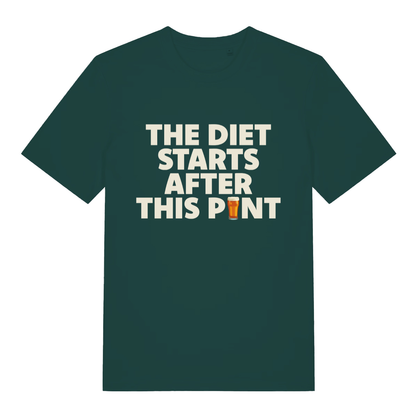 Green Diet Starts After This Pint T-shirt flat lay showing classic pub banter slogan with pint