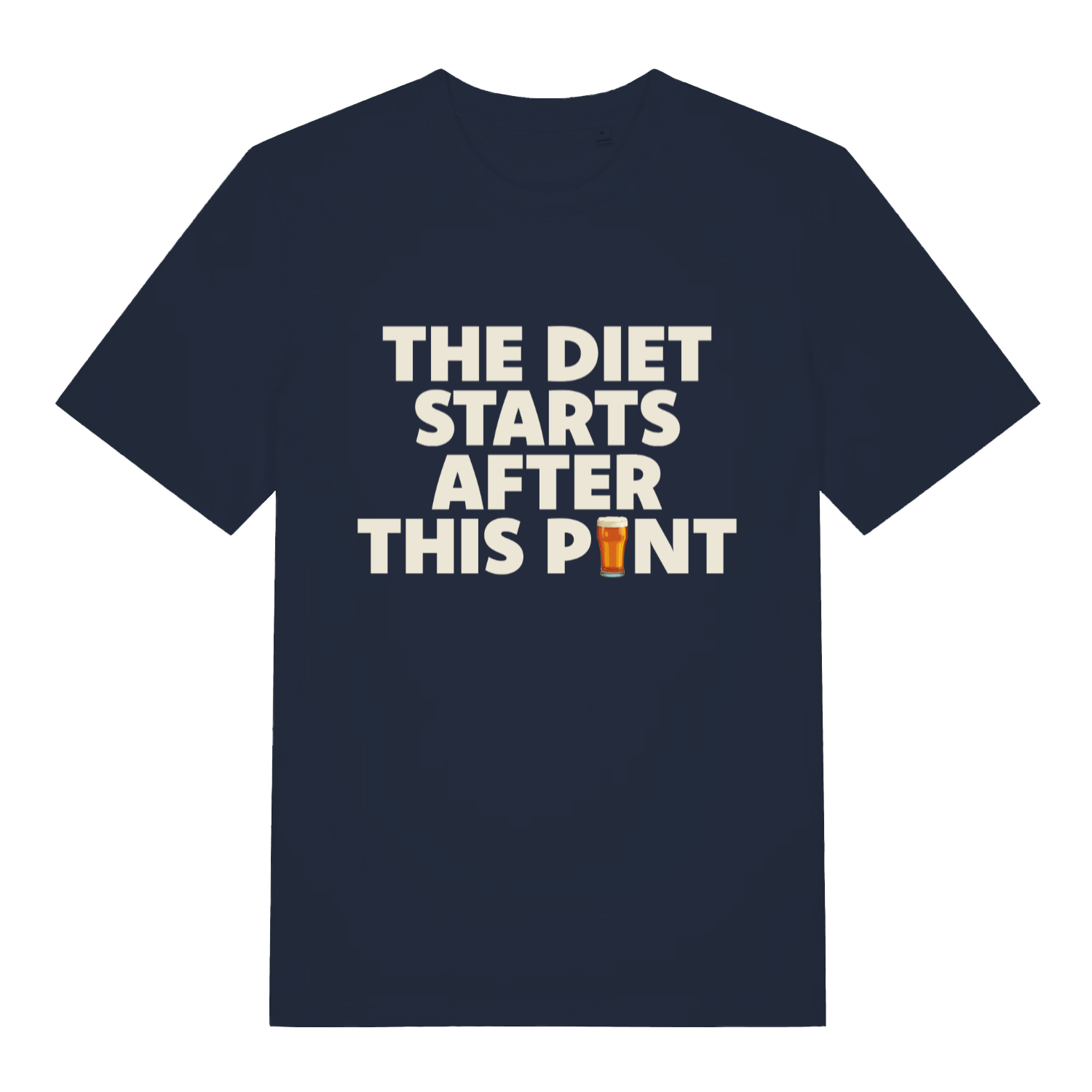 Navy Diet Starts After This Pint T-shirt flat lay with bold humorous beer diet delay graphic