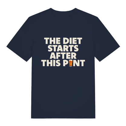 Navy Diet Starts After This Pint T-shirt flat lay with bold humorous beer diet delay graphic