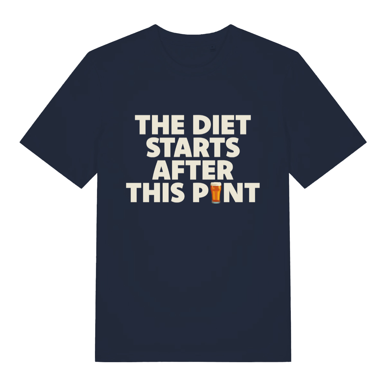 navy funny slogan t-shirt with the text 'the diet starts after this pint'