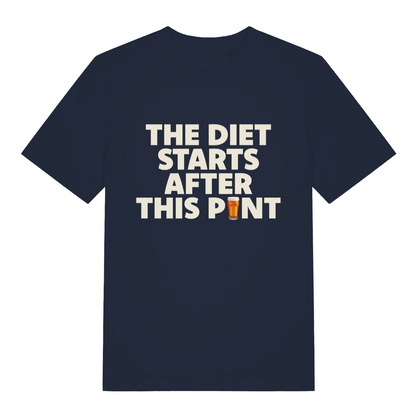 navy funny slogan t-shirt with the text 'the diet starts after this pint'