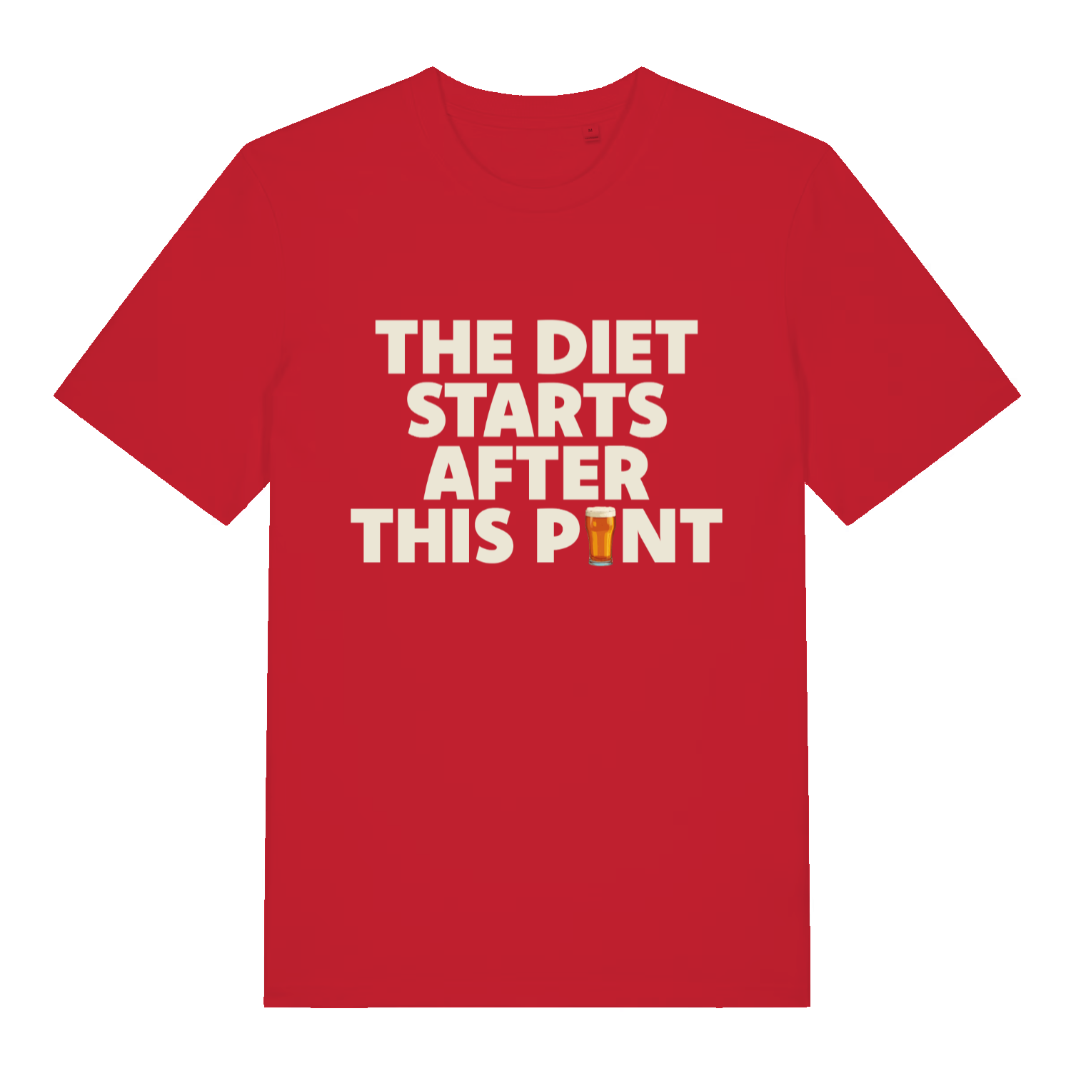 red funny slogan t-shirt with the text 'the diet starts after this pint'
