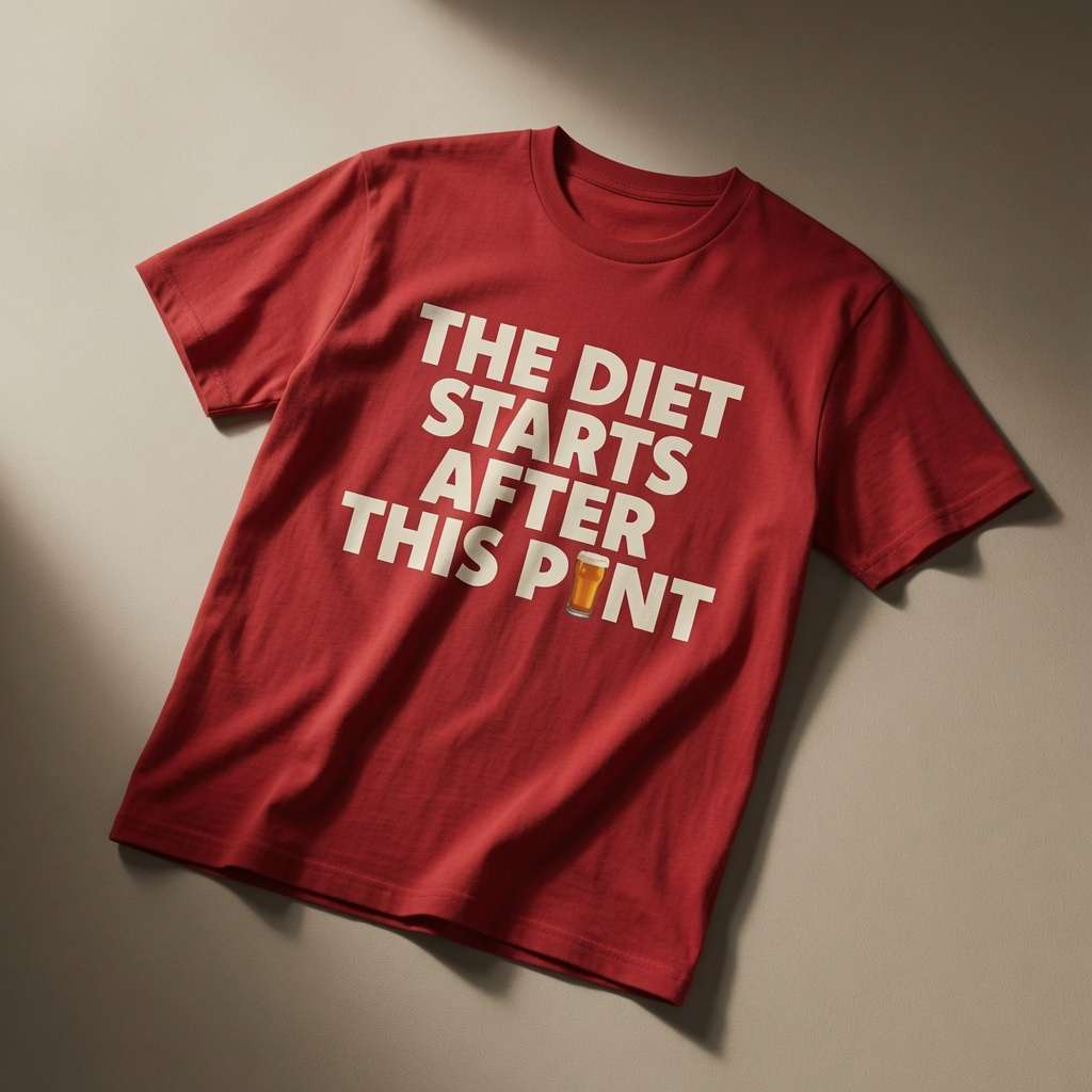 Red The Diet Starts After This Pint t-shirt, mens witty pub banter dad slogan tee
