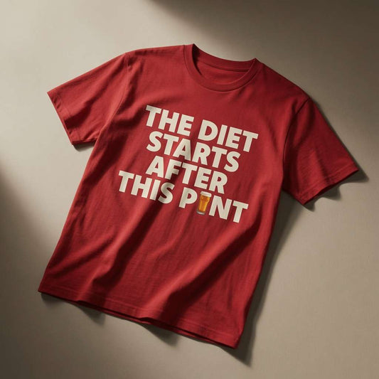 Red The Diet Starts After This Pint t-shirt, mens witty pub banter dad slogan tee