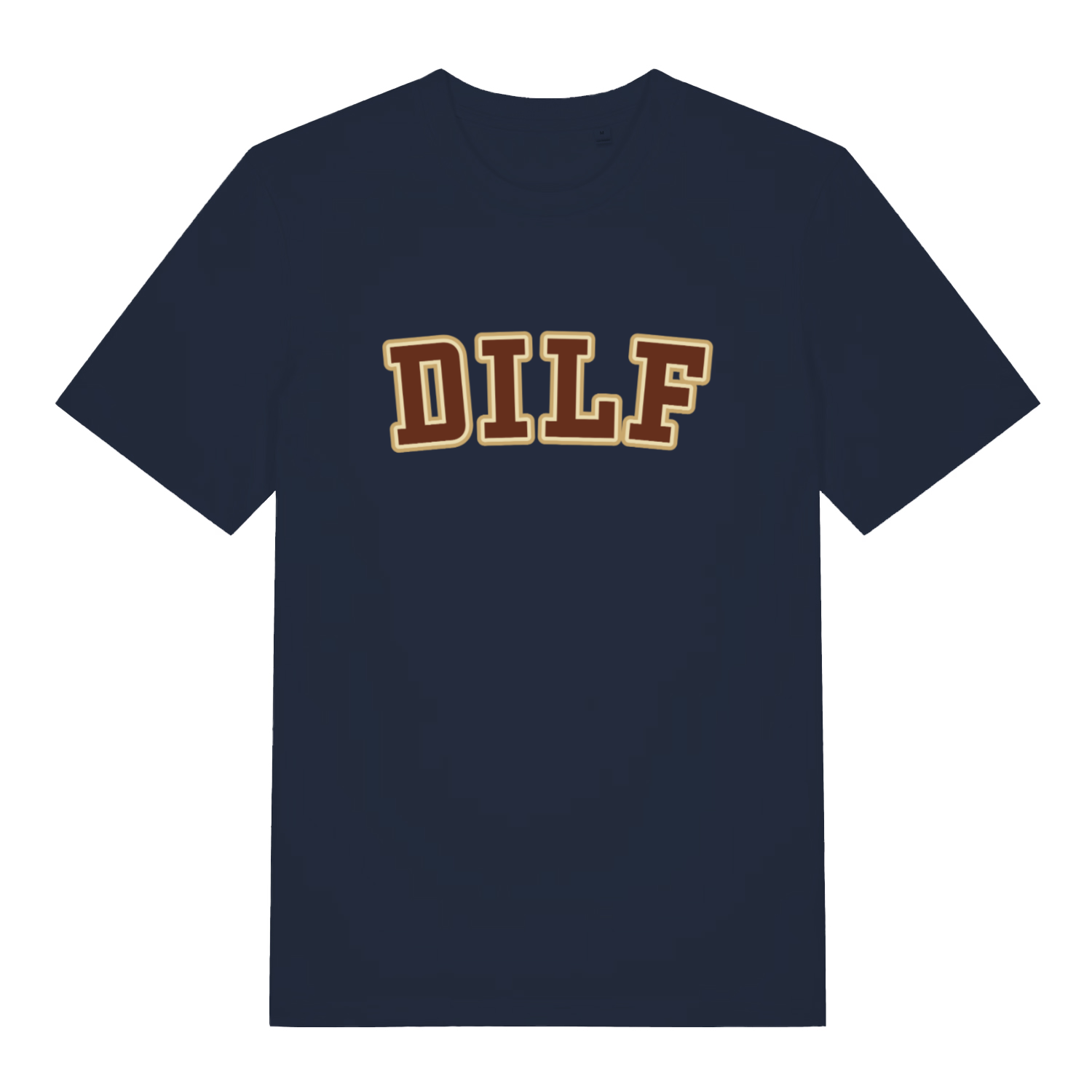French Navy DILF T-shirt flat lay with bold varsity style lettering graphic
