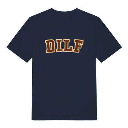 French Navy DILF T-shirt flat lay with bold varsity style lettering graphic