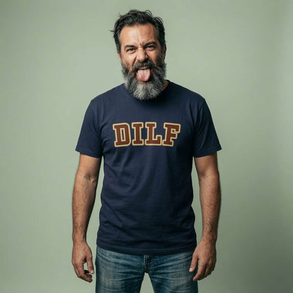 Man sticking tongue out in french navy DILF tee, funny rude ultimate dad gift