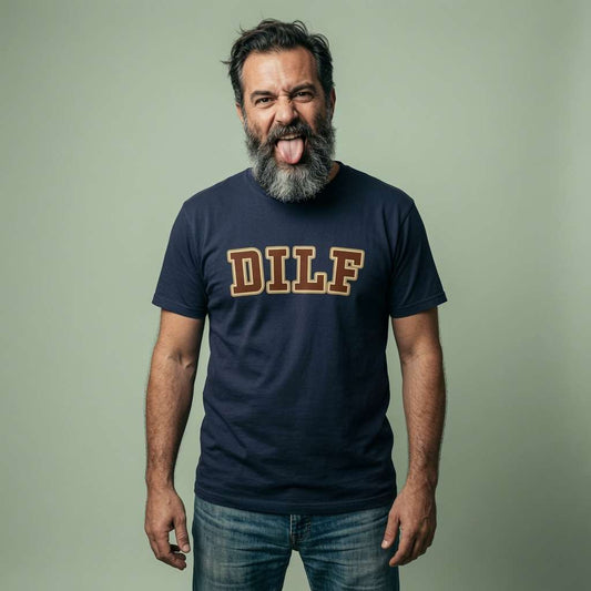 Man sticking tongue out in french navy DILF tee, funny rude ultimate dad gift