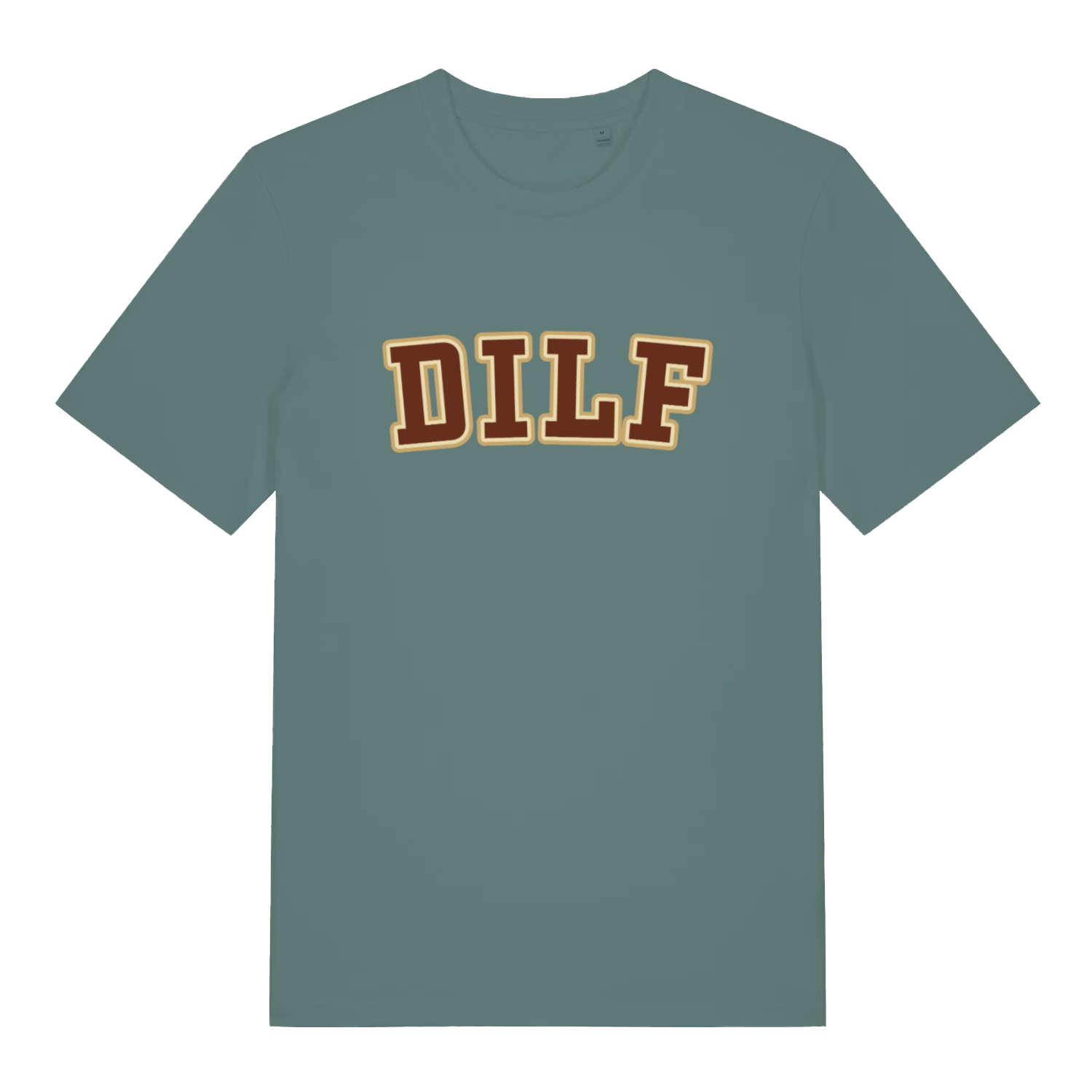 Green DILF T-shirt flat lay featuring funny varsity DILF slogan design