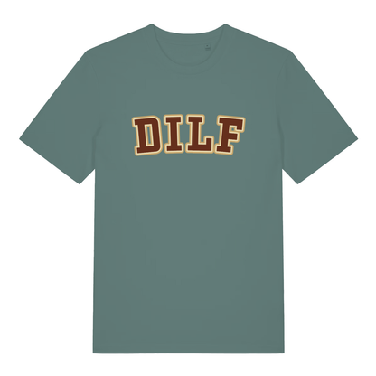 Green DILF T-shirt flat lay featuring funny varsity DILF slogan design
