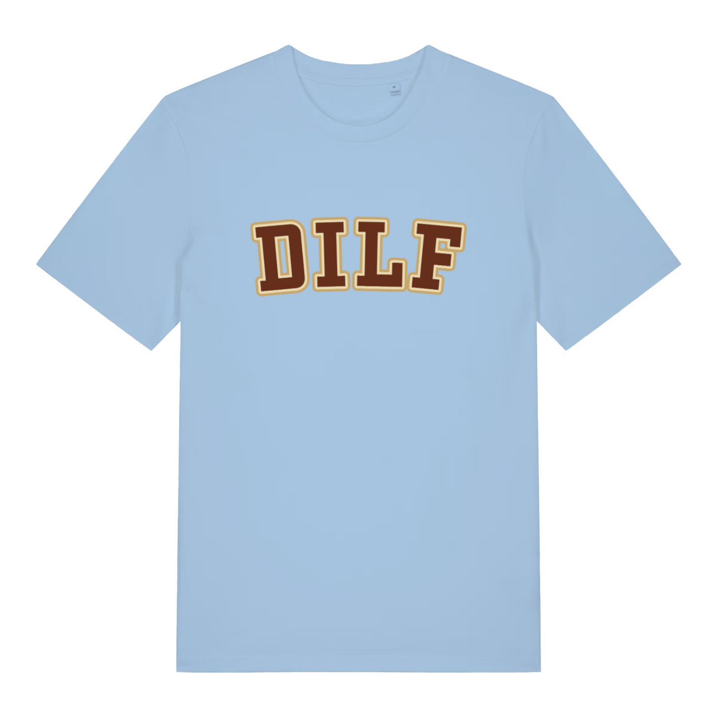 Light Blue DILF T-shirt flat lay showing classic bold DILF text