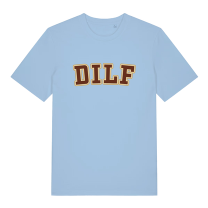 Light Blue DILF T-shirt flat lay showing classic bold DILF text