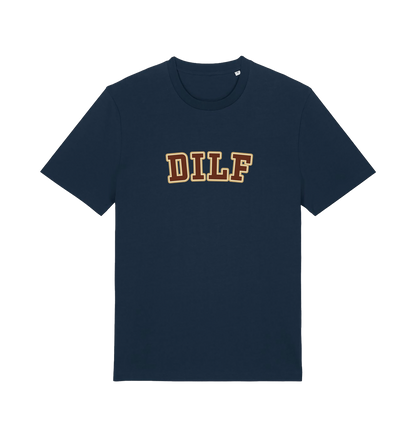 navy funny dad t-shirt with the slogan 'dilf'