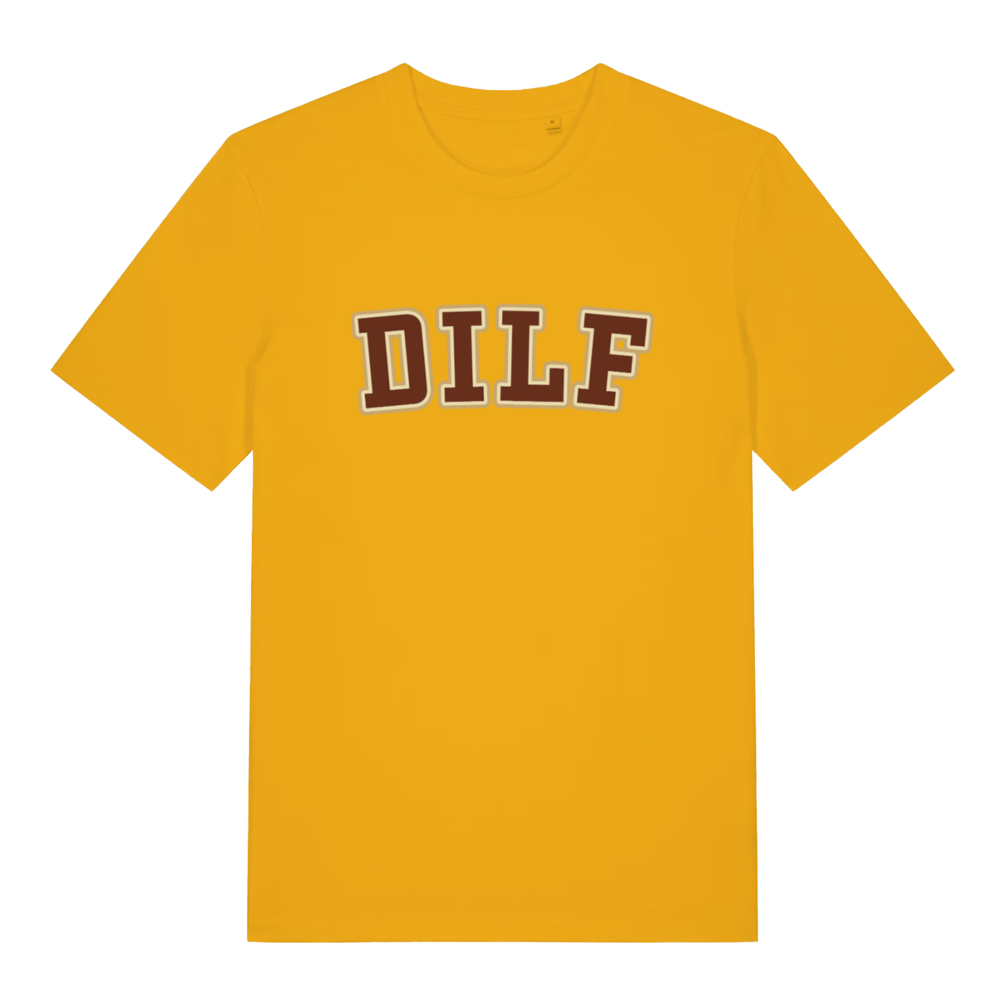 Spectra Yellow DILF T-shirt flat lay with vibrant varsity DILF lettering