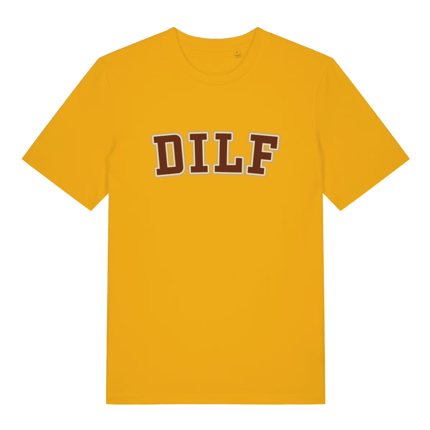Spectra Yellow DILF T-shirt flat lay with vibrant varsity DILF lettering