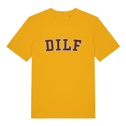 Spectra Yellow DILF T-shirt flat lay with vibrant varsity DILF lettering