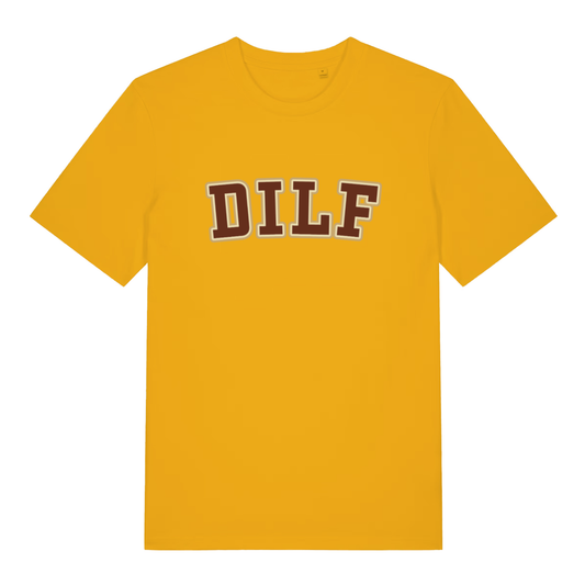 Spectra Yellow DILF T-shirt flat lay with vibrant varsity DILF lettering