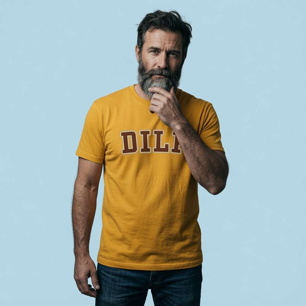Bearded man in spectra yellow DILF t-shirt resting hand on chin, witty dad gift slogan