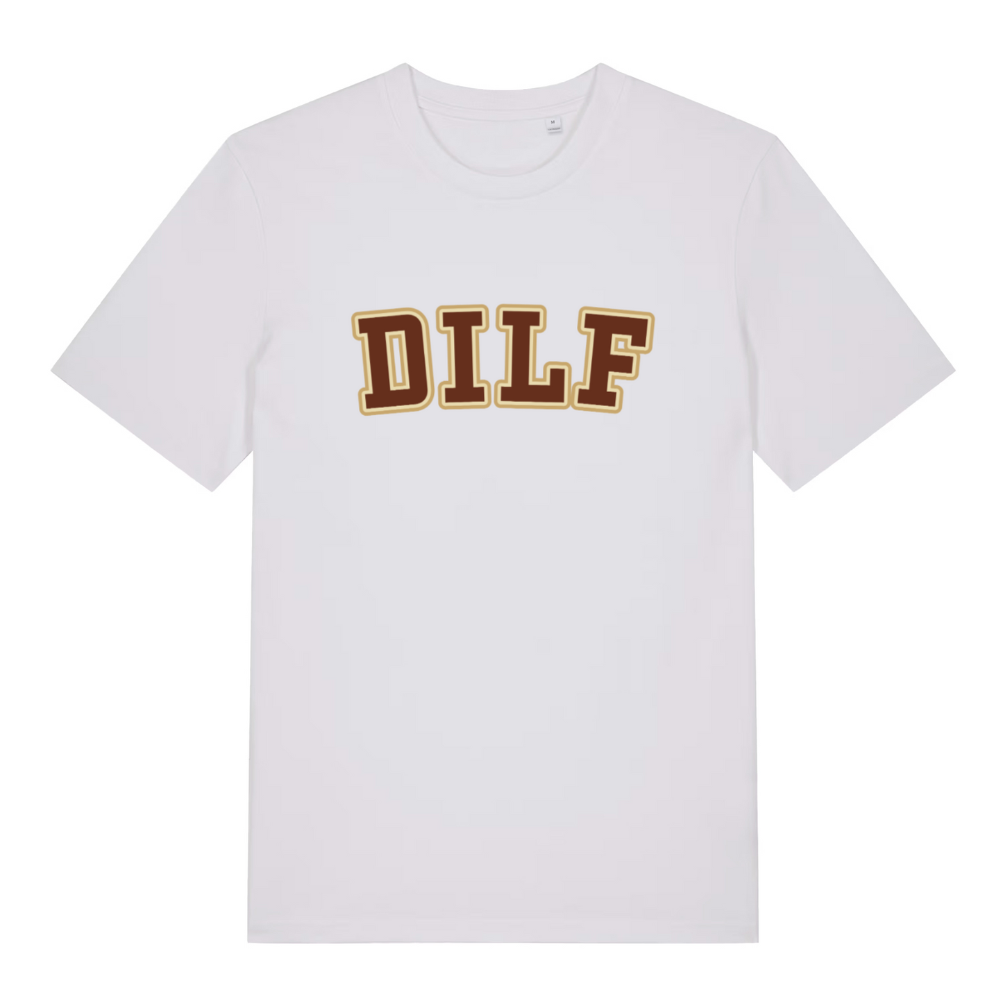 White DILF T-shirt flat lay with crisp varsity style DILF design