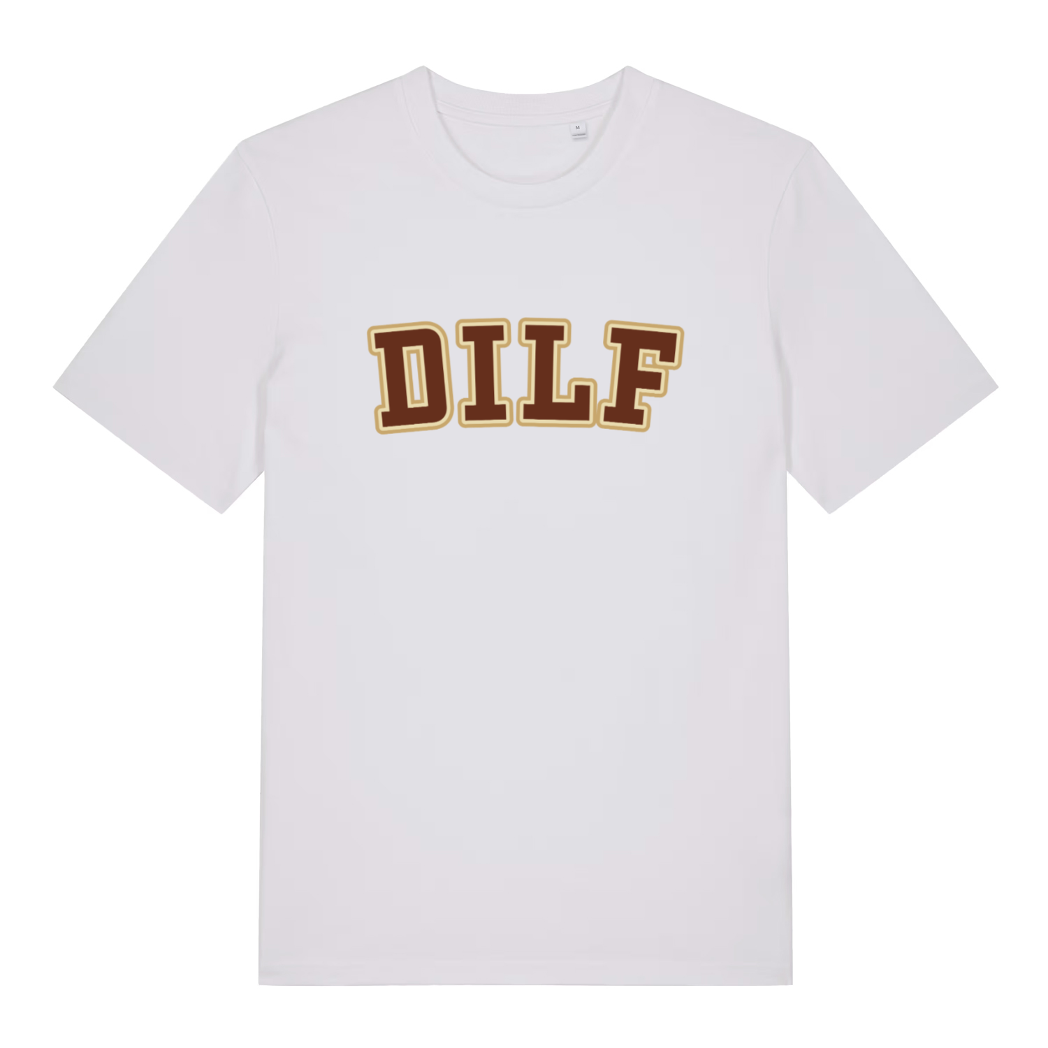 White DILF T-shirt flat lay with crisp varsity style DILF design