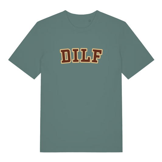 green funny dad t-shirt with the slogan 'dilf'