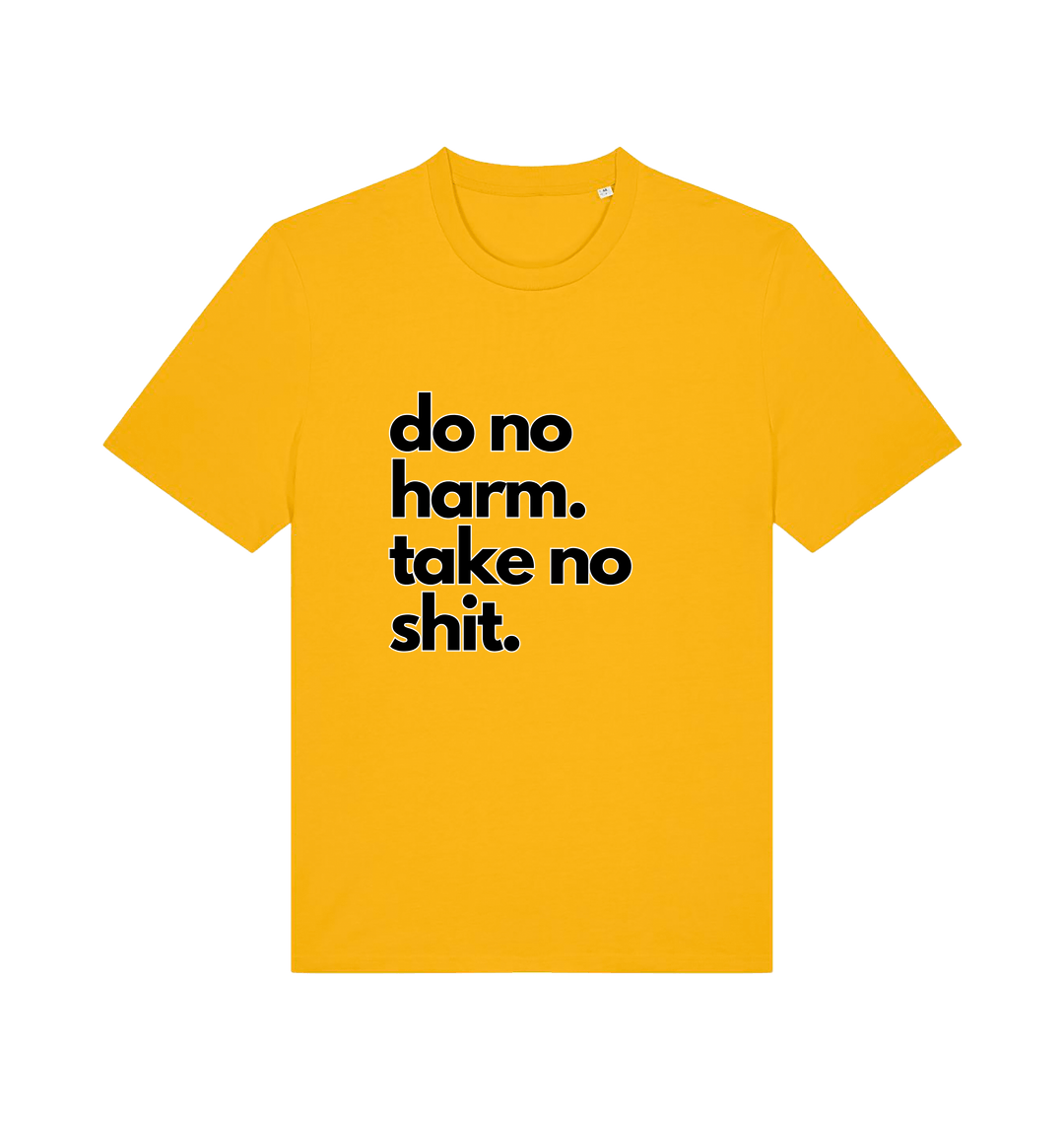 yellow funny offensive t-shirt with the slogan 'do no harm take no shit'