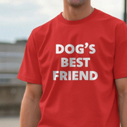 Red dog t-shirt with 'DOG'S BEST FRIEND' text worn by a person.