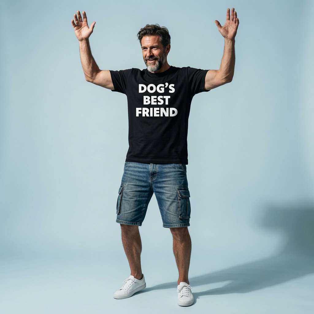 Man celebrating with arms raised in black Dog’s Best Friend t-shirt, witty dog owner slogan