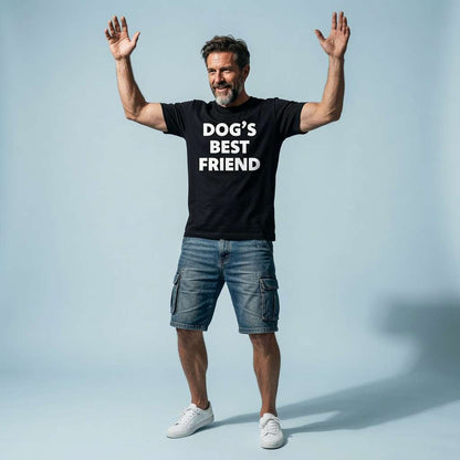 Man celebrating with arms raised in black Dog’s Best Friend t-shirt, witty dog owner slogan