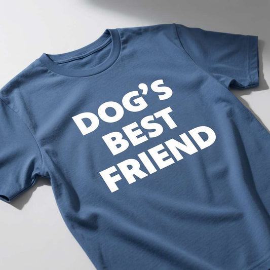 Bright blue Dog’s Best Friend t-shirt laid flat, fun canine lover slogan tee