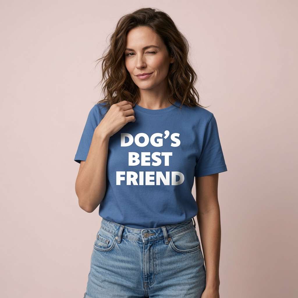 Woman winking in blue Dog’s Best Friend tee, fun dog owner ladies slogan