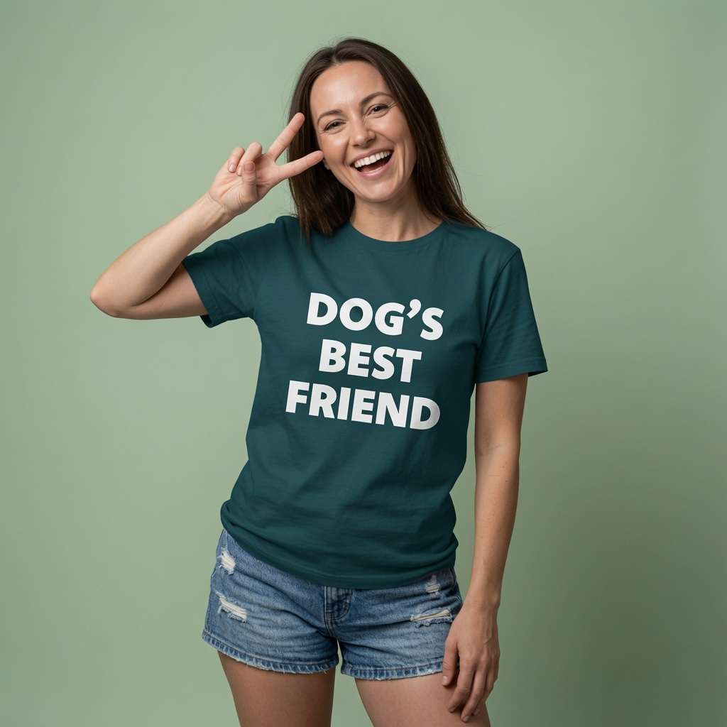 Woman laughing and making peace sign in green Dog’s Best Friend t-shirt, fun canine lover slogan