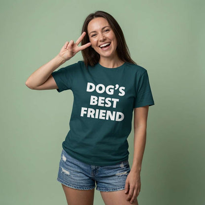 Woman laughing and making peace sign in green Dog’s Best Friend t-shirt, fun canine lover slogan