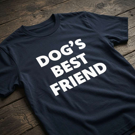 Navy Dog’s Best Friend t-shirt on wood, funny canine lover ladies slogan tee