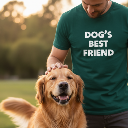 Man wearing a green 'DOG'S BEST FRIEND' shirt petting a golden dog outdoors.