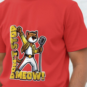 Red cat t-shirt with a cartoon Freddy Mercury style cat holding a microphone and pun 