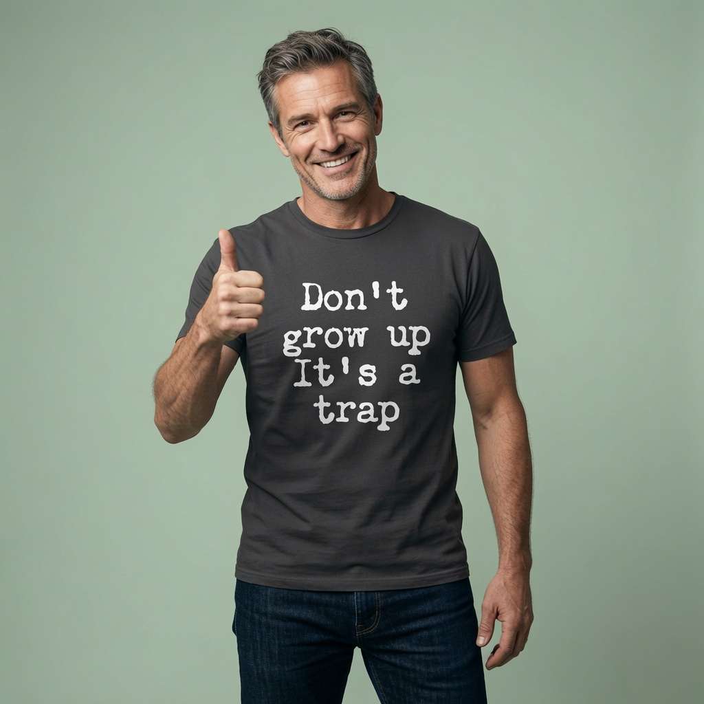 Smiling man giving thumbs up in black Don’t Grow Up It’s a Trap t-shirt, fun age-related slogan