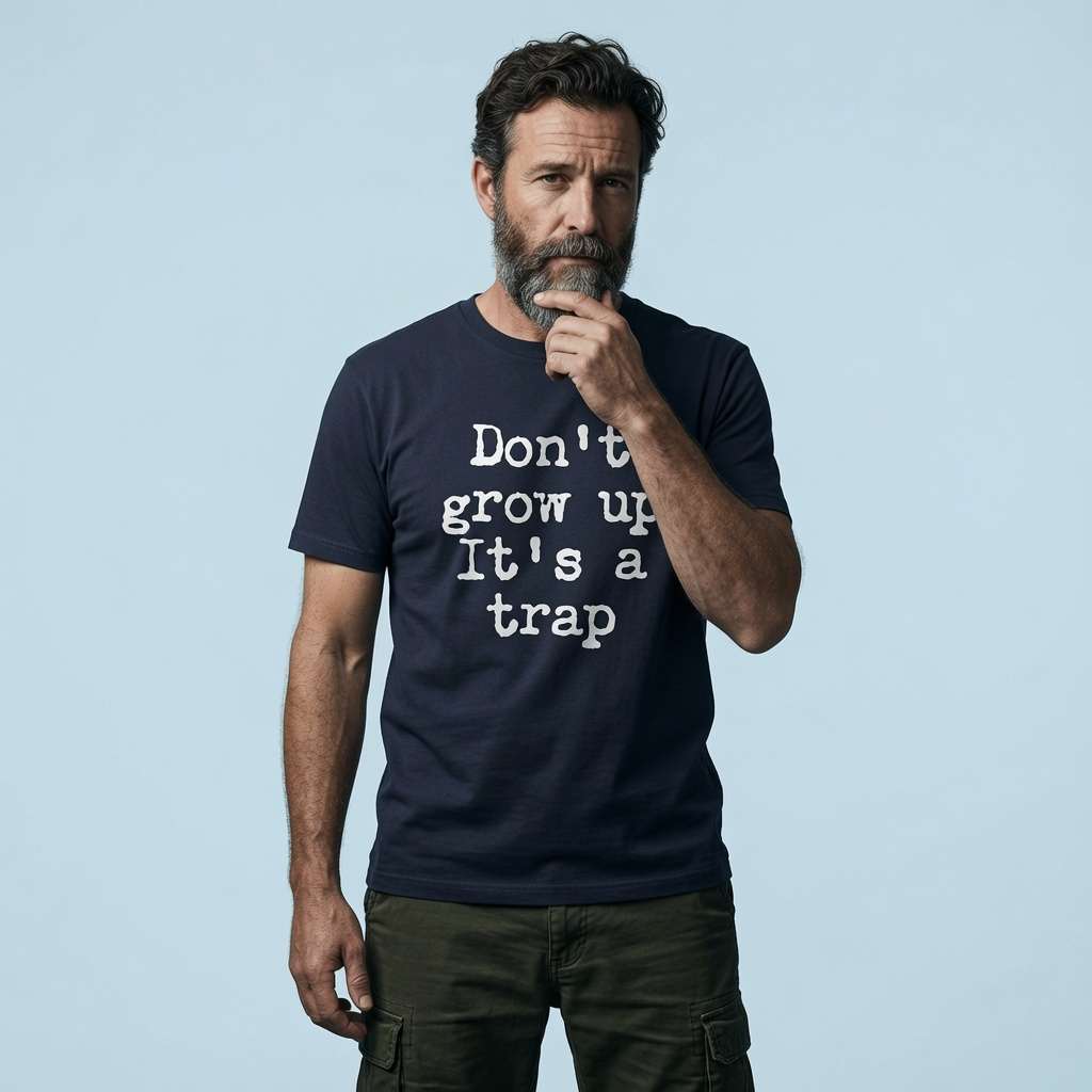 Bearded man thoughtfully posing in navy Don’t Grow Up It’s a Trap tee, witty advice statement