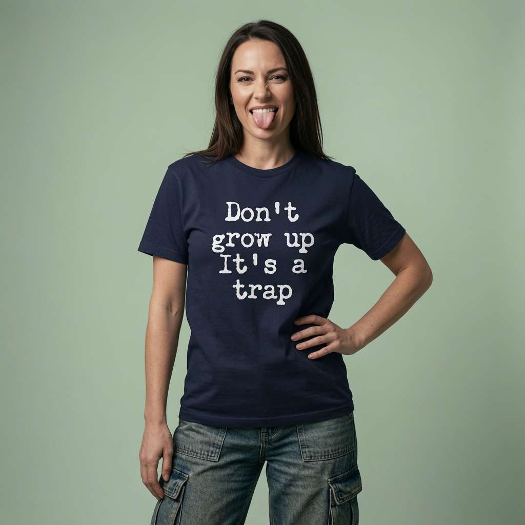 Woman sticking tongue out in french navy Don’t Grow Up It’s a Trap tee, humorous slogan
