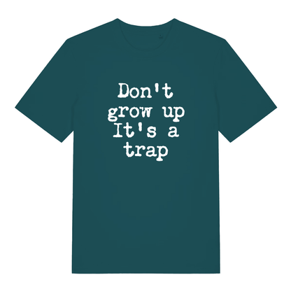 Stargazer women's Don't Grow Up T-shirt flat lay with bold anti-adulting message