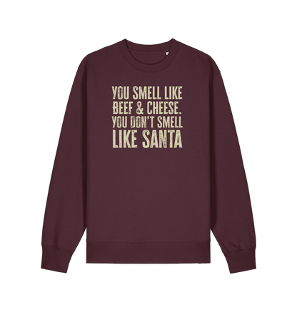 red brown christmas sweater with the slogan 'you smell like beef and cheese, you dont smell like santa'