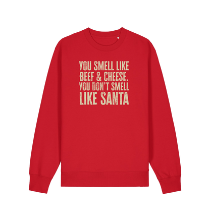 red christmas sweater with the slogan 'you smell like beef and cheese, you dont smell like santa'