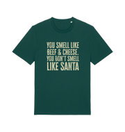 green christmas t-shirt with the slogan 'you smell like beef and cheese, you dont smell like santa'